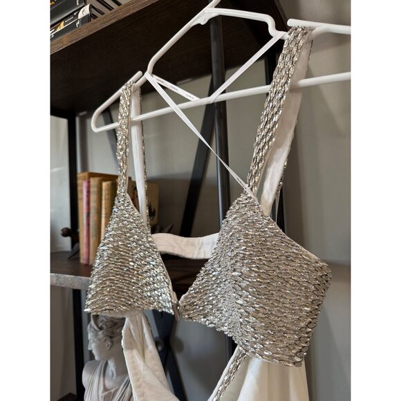 retrofete Fernanda Embellished Asymmetric Maxi Dress White/Silver Womens Size Sm - Picture 9 of 16